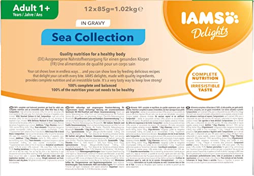 IAMS Delights Sea Collection Alimento húmedo en salsa - para gatos adultos con diversos sabores a pescado 12 x85g