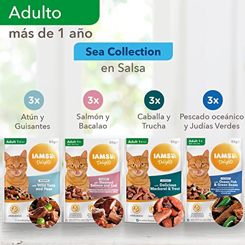 IAMS Delights Sea Collection Alimento húmedo en salsa - para gatos adultos con diversos sabores a pescado 12 x85g