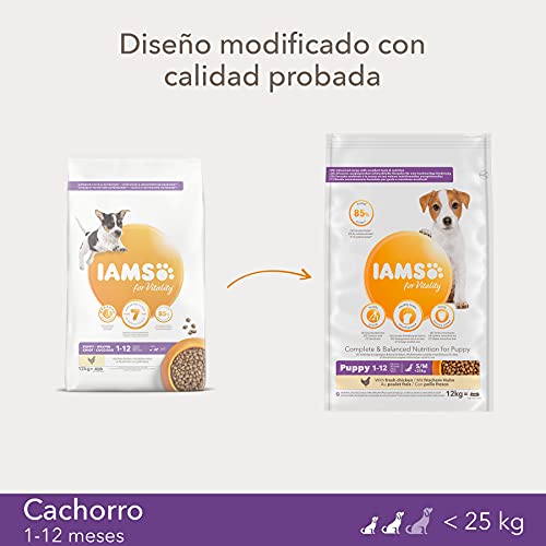 IAMS for Vitality Alimento seco para cachorros (1-12 meses) de raza pequeña y mediana con pollo fresco, 12 kg
