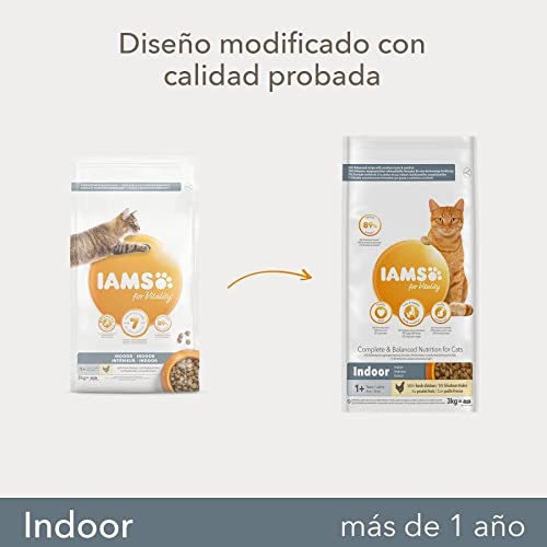 IAMS for Vitality Indoor - Alimento seco para gatos adultos y de edad avanzada (más de 1 año) con pollo fresco, 3 kg