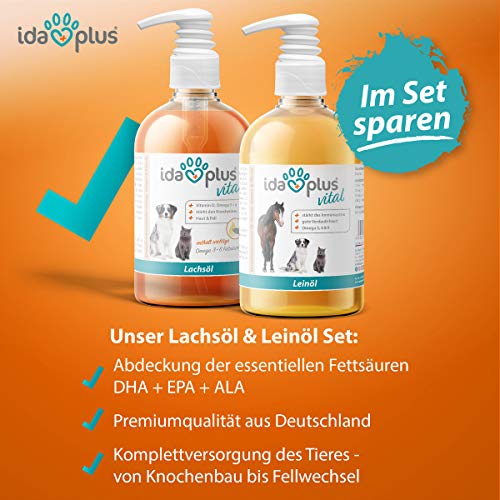 Ida Plus – barf lachsöl & linaza [kaltgepresst] Juego para perros, Rico en Vitamina D, de Omega 3 & 6 ácidos grasos | favorece fuerte huesos de montaje y proporciona una brillante piel (2 x 500 ml)