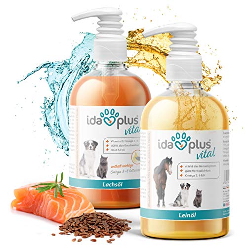 Ida Plus – barf lachsöl & linaza [kaltgepresst] Juego para perros, Rico en Vitamina D, de Omega 3 & 6 ácidos grasos | favorece fuerte huesos de montaje y proporciona una brillante piel (2 x 500 ml)
