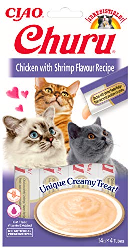 INABA Churu Sticks - Golosinas para Gatos Que se Pueden lamer para Alimentar con la Mano - Delicioso y Saludable refrigerio para Gatos - Pollo y camarones