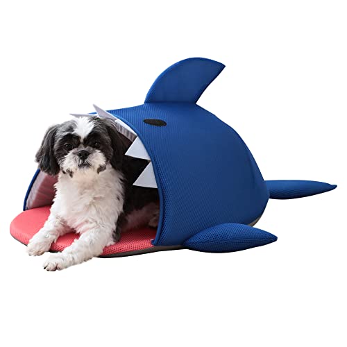 Iris Ohyama, Cama térmica para mascotas / cama divertida para perros, lona transpirable con capucha, fondo antideslizante, para gato & perro pequeño - Pet Bed PCB-20SH - Tiburón