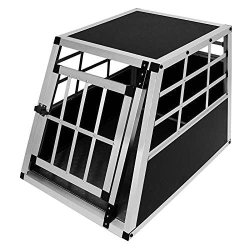 Jaula de Transporte para Coche Mascotas Caja de Viaje de Aluminio Trapezoidal Transportador de Perros Gatos Cachorros 1 Puerta 50 x 54 x 69cm | Gratis Alfombra de Plástico Lavable