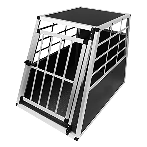 Jaula de Transporte para Coche Mascotas Caja de Viaje de Aluminio Trapezoidal Transportador de Perros Gatos Cachorros 1 Puerta 69 x 65 x 90cm| Gratis Alfombra de Plástico Lavable