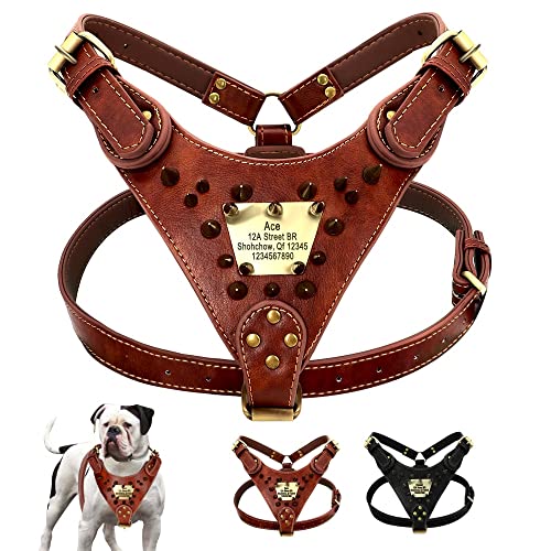 JIAQ Custom Leather Dog Harness Spiked Studded Dog Harness Chaleco Personalizado IDENTIFICACIÓN Arnés de Cuero for Perros medianos Grandes Pitbull Bulldog (Color : Black, Size : Large)