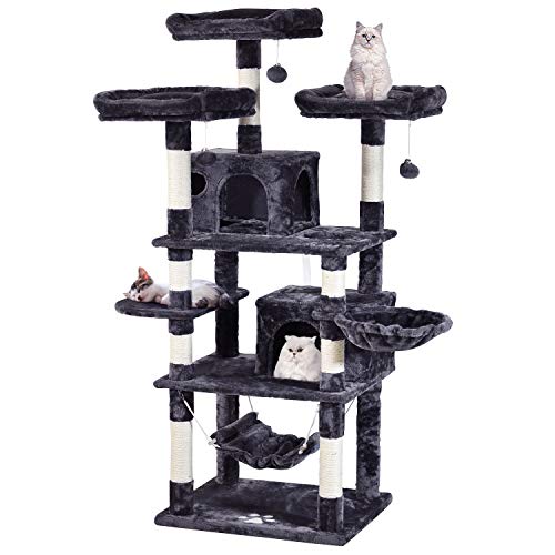 JISSBON Árbol rascador para gatos grandes, 170 cm de alto, con casa, muchas plataformas, hamaca para gatos, esterilla de peluche