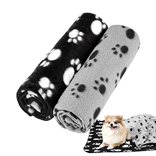 Juego de 2 mantas de perro lavables para mascotas, manta de forro polar para mascotas, funda de cama suave con huellas de huellas para animales pequeños, conejo, gato gris y negro (60 x 70 cm)