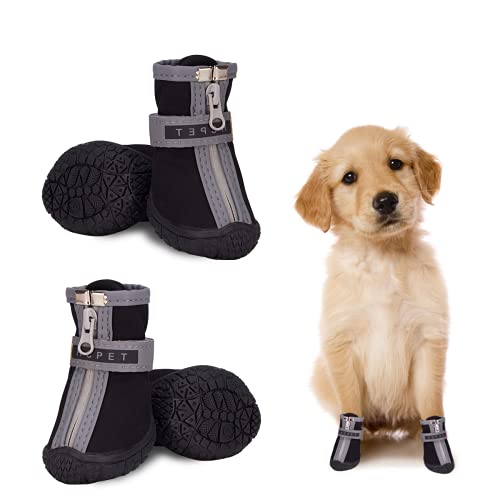Juego de 4 botas protectoras impermeables para perros pequeños, con suela antideslizante y correas reflectantes, zapatos cálidos para exteriores, para cachorros, perros pequeños, medianos, negros, 4 #