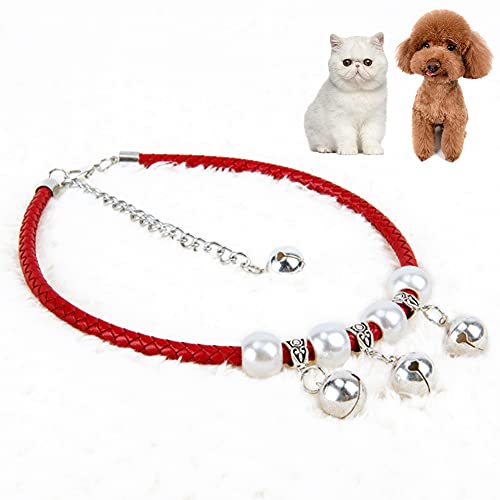 LALFPET Collar para gato con cascabel, tamaño ajustable, piel de vacuno ligera, collar de cuerda trenzada con cuatro campanas, adecuado para mascotas pequeñas, medianas y grandes, color rojo S