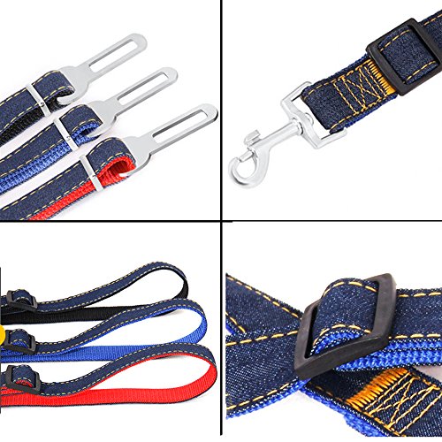 Linwnil 3 paquetes de cinturón de seguridad ajustable para mascota, perro, gato, coche, correa de seguridad, cinturón de seguridad, tela vaquera de nailon, color negro, rojo, azul