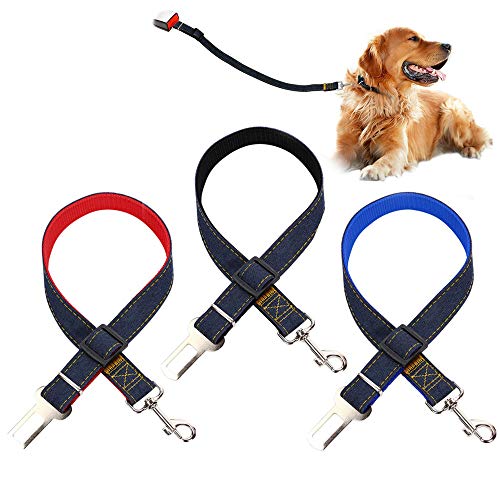 Linwnil 3 paquetes de cinturón de seguridad ajustable para mascota, perro, gato, coche, correa de seguridad, cinturón de seguridad, tela vaquera de nailon, color negro, rojo, azul