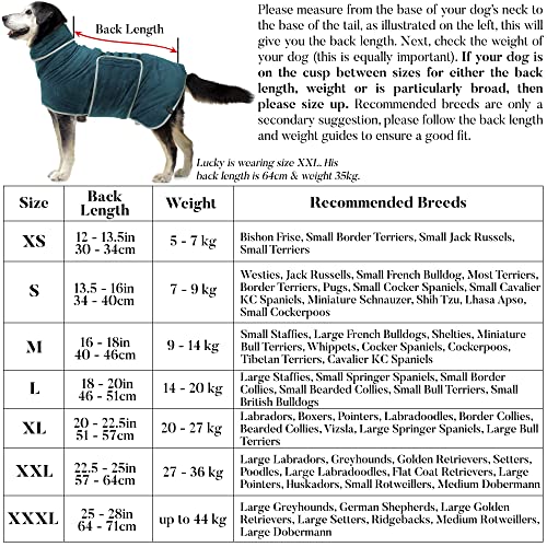 Lucky Paws® Abrigo de secado para perros del Reino Unido, toalla de microfibra para perro, bata de baño súper absorbente para mascotas/cachorros, cuello ajustable, secado rápido (XXL, verde azulado)