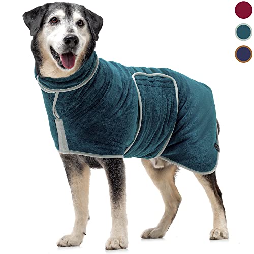 Lucky Paws® Abrigo de secado para perros del Reino Unido, toalla de microfibra para perro, bata de baño súper absorbente para mascotas/cachorros, cuello ajustable, secado rápido (XXL, verde azulado)