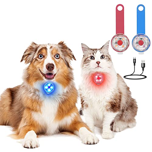 Luz Intermitente LED de Seguridad para Perros, Gatos - Luz LED Colgante USB Recargable para Perro, 3 Modos Intermitentes Luces de Seguridad Impermeables para Mascotas (Red+Blue, 2)