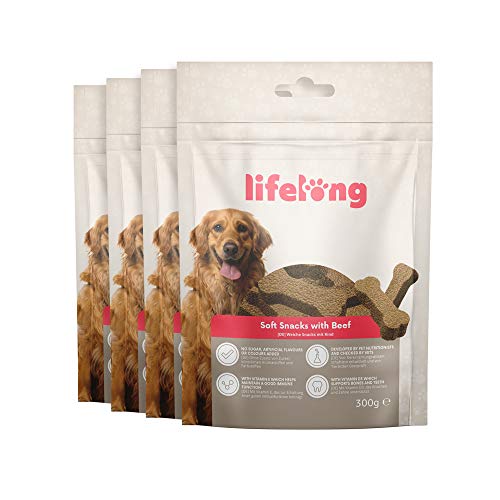 Marca Amazon - Lifelong - Treats para perros, ricos en proteínas, con vacuno (4 packs x 300gr)