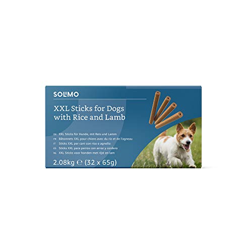 Marca Amazon - Solimo -Treats para perros: cordero y arroz, stick dentales sin aromatizantes artificiales (32 piezas x 65 gr)