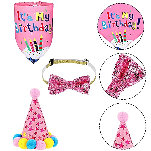 Mascotas Decoraciones de Cumpleaños, Regalo Set de Cumpleaños para Mascotas, Bufanda y Pancarta Triangular para Mascotas, Sombrero de Cumpleaños de Mascotas para Perro, Gato (Rosa)
