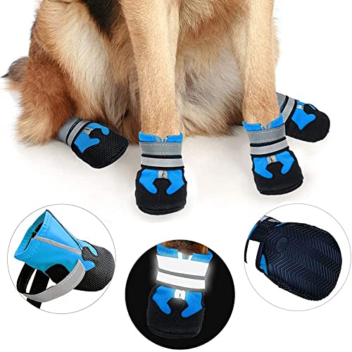 Mavicen 4 zapatos para perros con protección para patas de perros, impermeables, antideslizantes, transpirables, con correas reflectantes seguras, con cierre de velcro, medianos y grandes, color azul