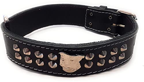 M&D Staffy Collar de piel de grano superior negro con diseño tachonado y diseño de cabeza Staffordshire Bull Terrier, 1.5 pulgadas de ancho (grande: 20 a 24 pulgadas)