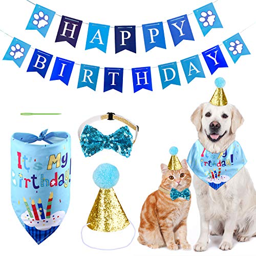 MELLIEX Decoracion Cumpleaños para Perros, Sombrero Pañuelo Banner de Cumpleaños para Perros, Regalo Set de Cumpleaños para Mascotas