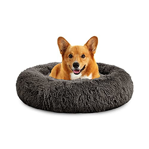 Mirkoo Cama para perro grande y tranquilizante, de piel sintética, cómoda cama redonda para perros pequeños y medianos con manta extraíble de hasta 12/16/25/45 kg