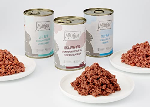 MjAMjAM - Comida húmeda para gatos, Sin grano con carne extra - Paquete de mezcla II - Wild y Conejo, Pavo, Pato y Aves, 1 Pack (6 x 400 g)