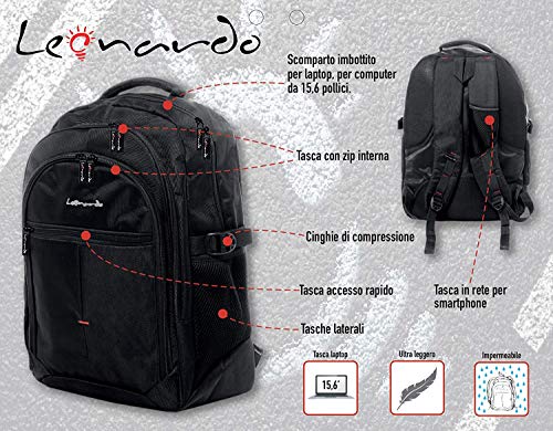 Mochila acolchada con multiples bolsillos Leonardo Mochila para motocicleta LEO50883 para tableta, iPad, soporte para PC, mochila impermeable de 15.6 pulgadas con bolsillos para universidad Laptop Bus
