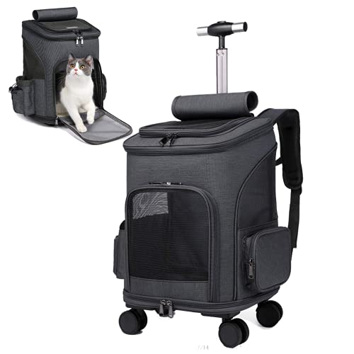Mochila con ruedas para mascotas, carrito de viaje, asiento de coche, para perros, gatos, cachorros, mochila con cambio de rodillo, ventana de ventilación, bolsa de almacenamiento (negro)