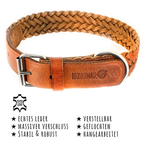 Monkimau Collar para perros de cuero auténtico trenzado ajustable (55 - (30 mm))