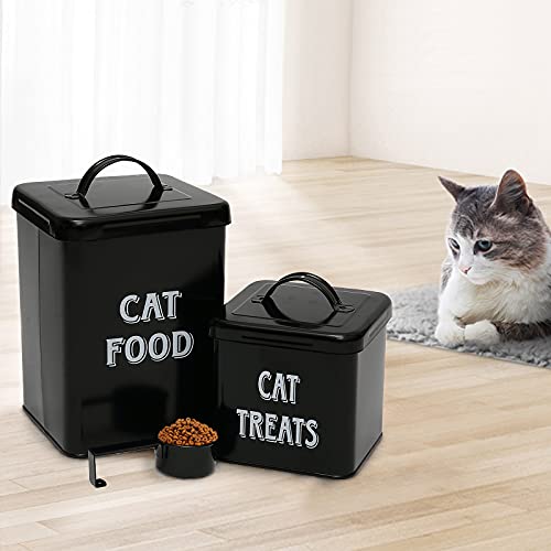 MOREZI Juego de recipientes para bocadillos y comida para mascotas con tapa y cuchara, tarro de almacenamiento de comida para gatos-Negro