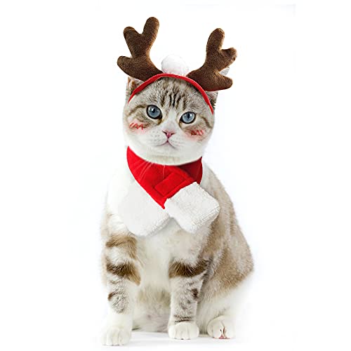NAMSAN Disfraz de Navidad para Mascotas Traje de Navidad para Perro Traje de Navidad para Gatos Lindo Sombrero de Cuernos de Reno de Navidad, Bufanda para Mascotas Adecuado para Cachorros Gatos