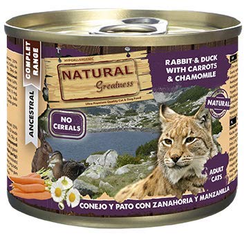 Natural Greatness Comida Húmeda para Gatos de Conejo y Pato con Zanahoria y Manzanilla. Pack de 6 Unidades. 200 gr Cada Lata
