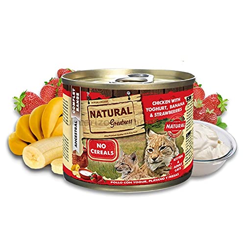Natural Greatness Comida Húmeda para Gatos de Pollo con Yogur, Plátano y Fresas. Pack de 12 Unidades. 200 gr Cada Lata