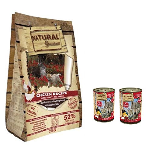NATURAL GREATNESS - Pienso de Pollo para Perros Cachorros Hipoalergénico Sin Cereales - Saco 2 kg + 2 Latas Reno y Arenque con Yogurt | ANIMALUJOS
