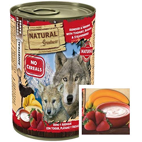 NATURAL GREATNESS - Pienso de Pollo para Perros Cachorros Hipoalergénico Sin Cereales - Saco 2 kg + 3 Latas Reno y Arenque con Yogurt ANIMALUJOS