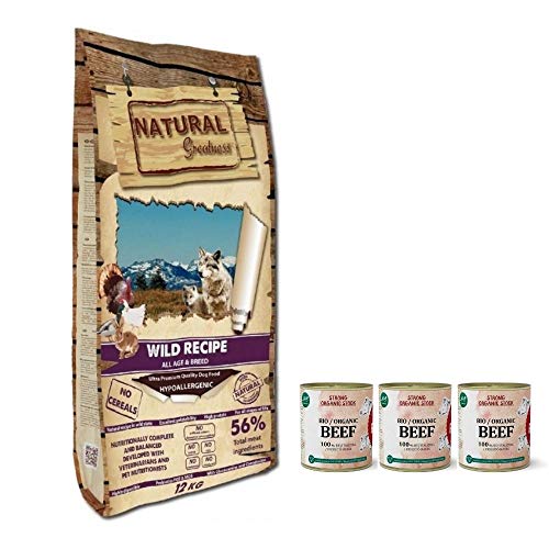 NATURAL GREATNESS - Pienso Natural para Perro Sin Cereales Wild Recipe Pato Pavo y Pollo - Saco 12 Kg | ANIMALUJOS + Caldo Ternera para Perros (Saco 12 KG + 3 LATAS Caldo)