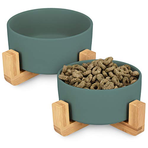 Navaris Comederos para Perros elevados - 2X Comedero de cerámica para Perro y Gatos Cachorros - con Soporte de bambú Antideslizante - En Verde