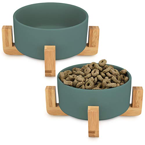 Navaris Comederos para Perros elevados - 2X Comedero de cerámica para Perro y Gatos Cachorros - con Soporte de bambú Antideslizante - En Verde