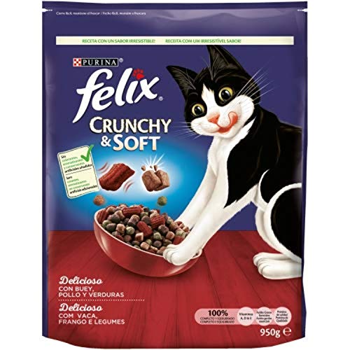 Nestlé Purina Felix Crunchy and Soft con Pollo y Verduras Comida para Gato pienso para Gato 950 g - Pack de 6