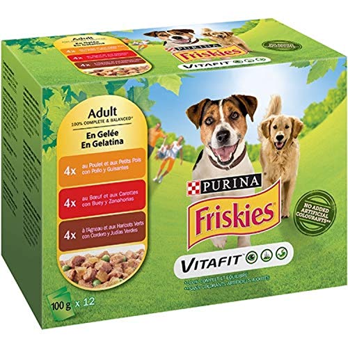 Nestlé Purina Friskies Comida húmeda para Perros Adulto con Pollo, Cordero y Buey en gelatina 12x100 g - Pack de 6