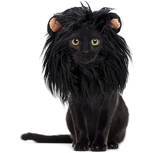 Nicoone Disfraz de gato para mascotas, divertida peluca de melena de león negro con orejas de imitación para gatos y mascotas, disfraz de gato para cosplay, accesorios para fiestas, trajes de ropa