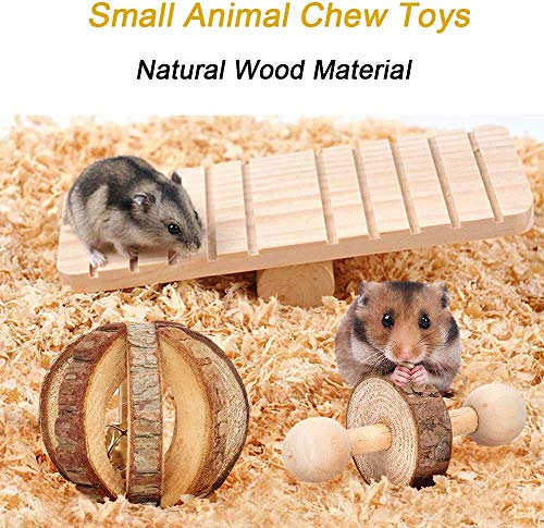 Nynelly Juego de 10 juguetes para hámster de madera natural para masticar con mancuernas, timbre, balancín para cobayas, chinchillas, loros, ratas, para jugar y cuidar los dientes, juguete molar