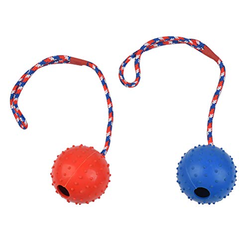 OFNMY Pelota para perro con cuerda – bola en una cuerda de juguete para perro, goma natural duradera, juguete de masticar para perros, juguete de entrenamiento perfecto para perros, rojo y azul