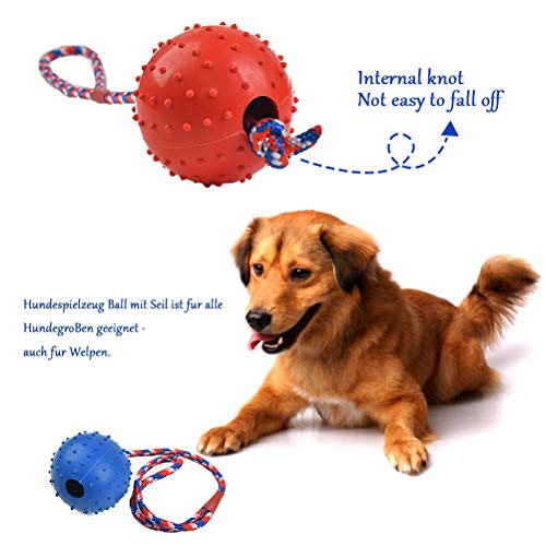 OFNMY Pelota para perro con cuerda – bola en una cuerda de juguete para perro, goma natural duradera, juguete de masticar para perros, juguete de entrenamiento perfecto para perros, rojo y azul