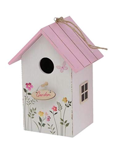 Pajarera de madera para balcón y jardín, nido, casa para pájaros, casa para pájaros, pajarera, blanco con techo rosa y praderas de flores, 15 x 12 x 22 cm
