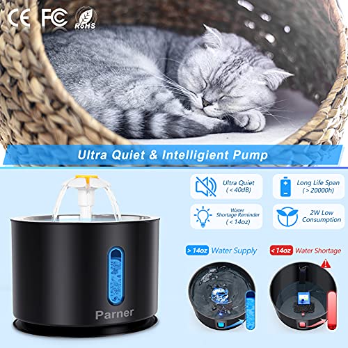 Parner Fuente para gatos, dispensador de agua para gatos con ventana de nivel de agua, 2,4 l, inoxidable, con 4 filtros higiénicos y 1 alfombrilla de silicona para mascotas con luz LED, color negro