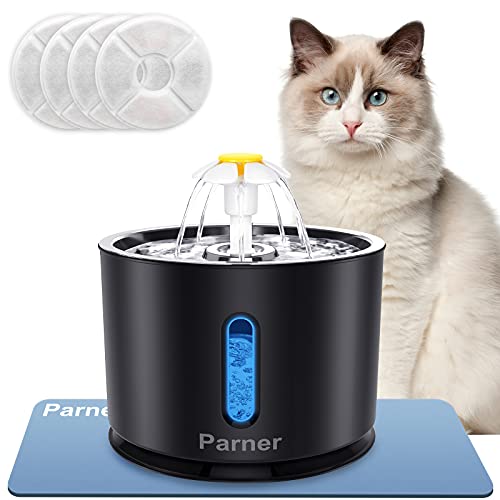 Parner Fuente para gatos, dispensador de agua para gatos con ventana de nivel de agua, 2,4 l, inoxidable, con 4 filtros higiénicos y 1 alfombrilla de silicona para mascotas con luz LED, color negro