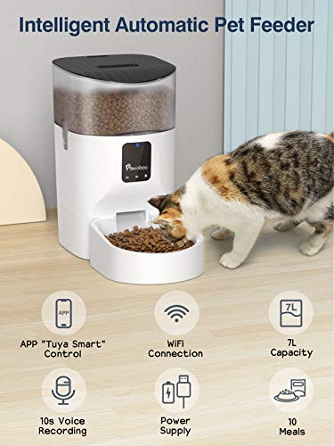 Pawaboo 7 L Alimentador Automático para Mascotas, WiFi Alimentador de Temporización Inteligente 10 Comidas al Día, Función de Grabación 10 Segundos para Gatos Perros Pequeños, Blanco y Transparente